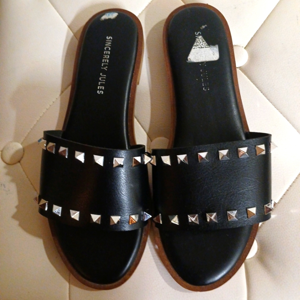SINCERELY JULES Black Studded Flats Sandals Slip-On Slides 7.5M